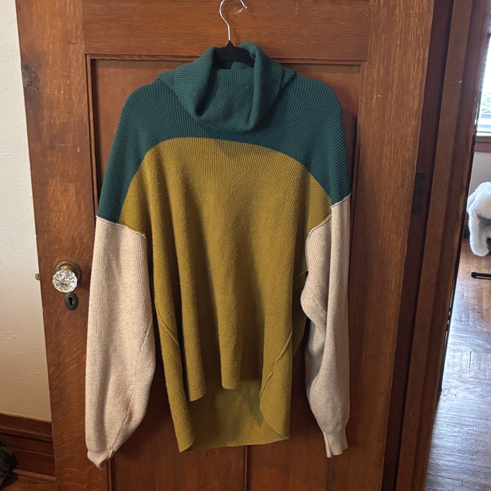 Free People Teal, Olive, and Cream Turtleneck Sweater